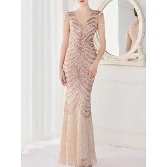 Women's V-Neck Maxi Evening Dress Tassel Sequin Mermaid Dress Party Wedding Gown | Color: Cream/Gold | Size: S